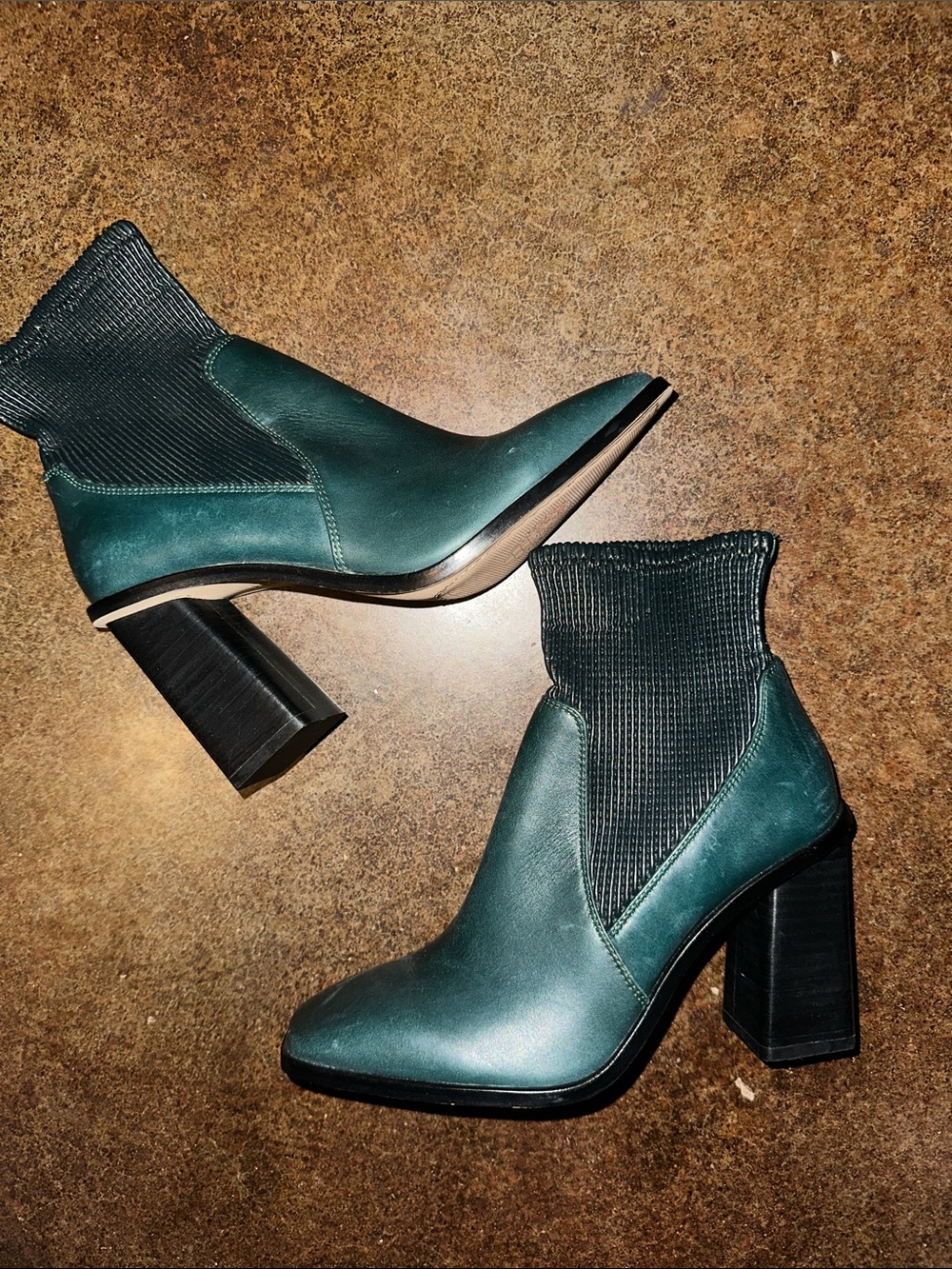 Vince Camuto Teal Leather Knit-Cuff Block Heel Ankle Boots